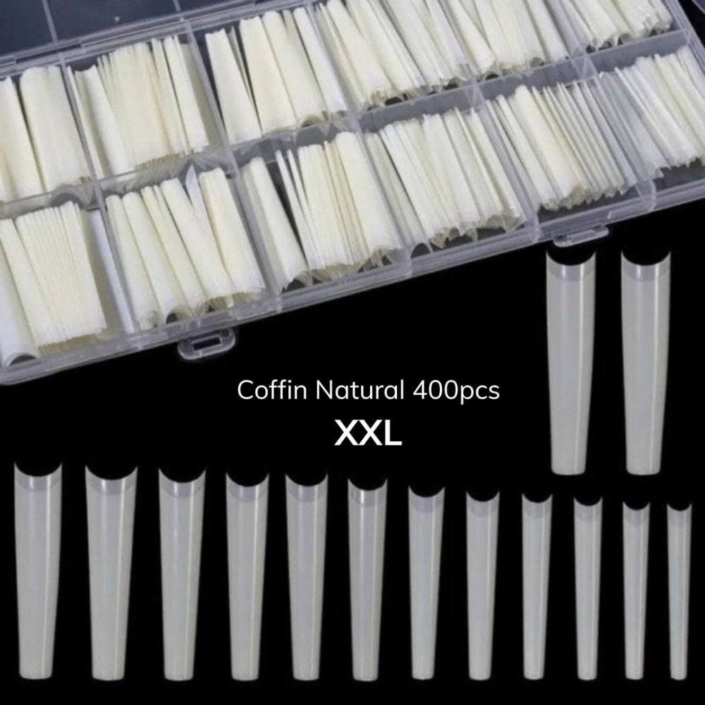 XXL Coffin Natural Nail Tips in Box (Size 0 to 9) With Well